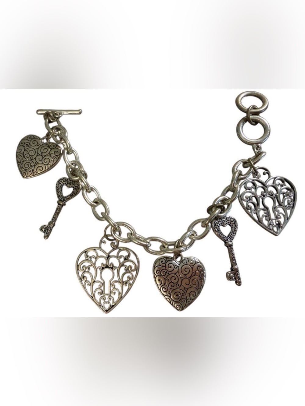 #685-Heart Lock & Key Filigree Chunky Charm Bracelet Antique Silver Tone